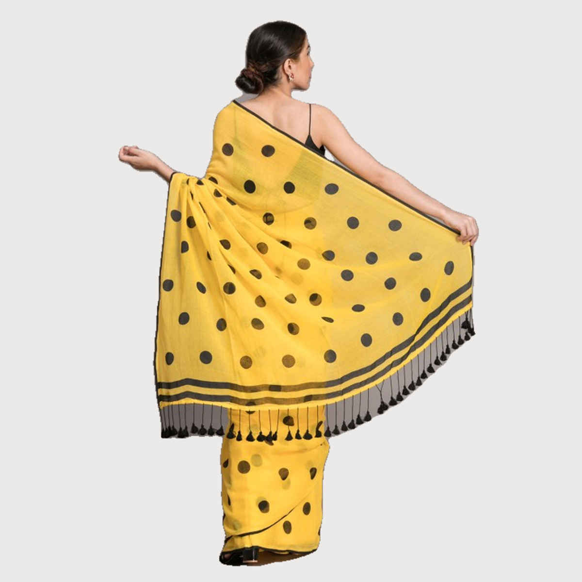 Suta Yellow and Black Polka Printed Pure Cotton Saree