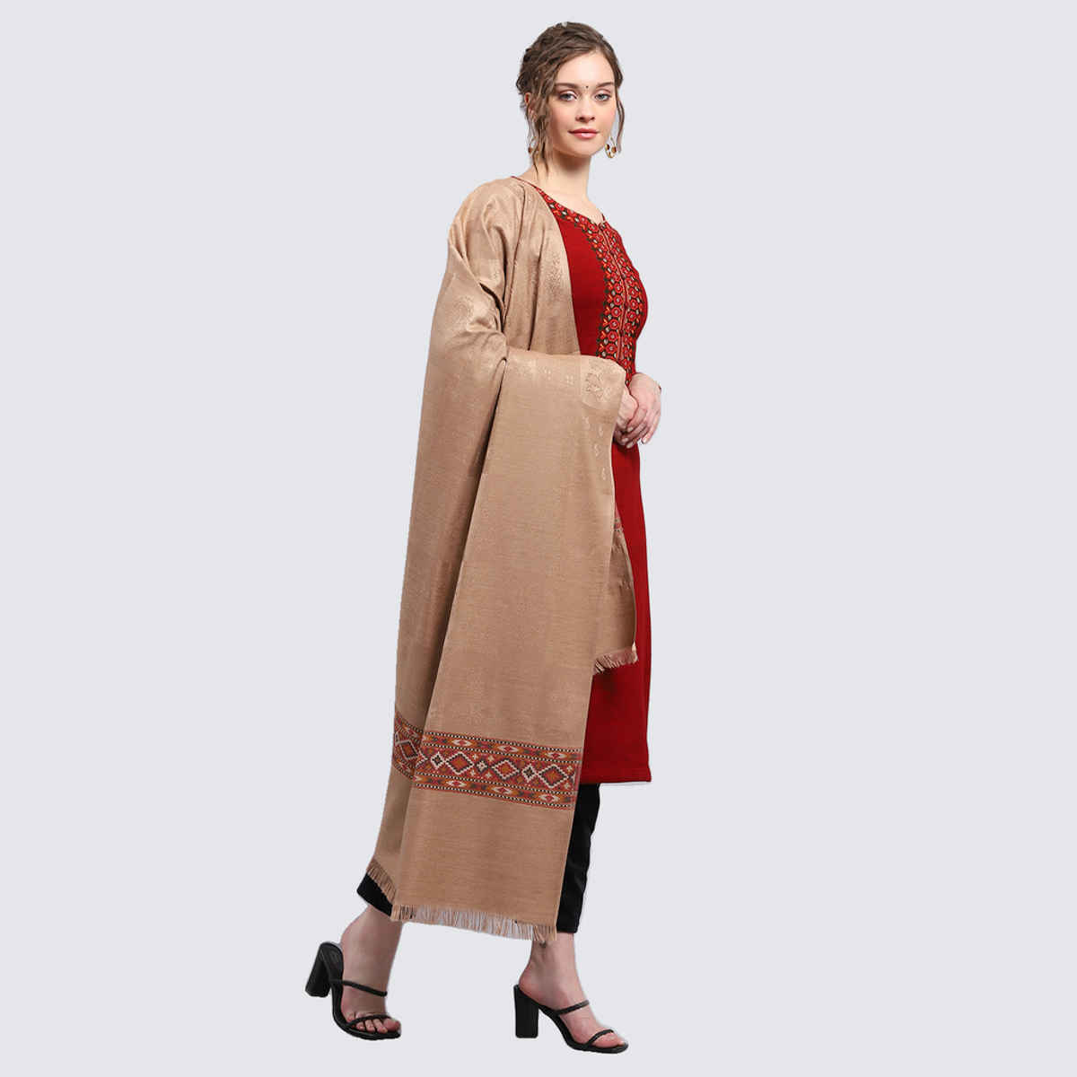 Monte Carlo Womens Self Design Beige Shawl (224Shw7035-0-40) (L 200 Cm X W 100 Cm)