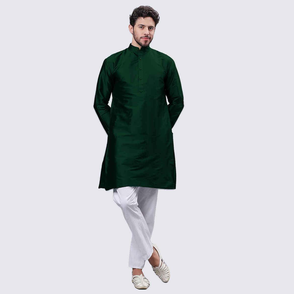 Mad Over Print Men's Silk Blended Kurta | Green - XL