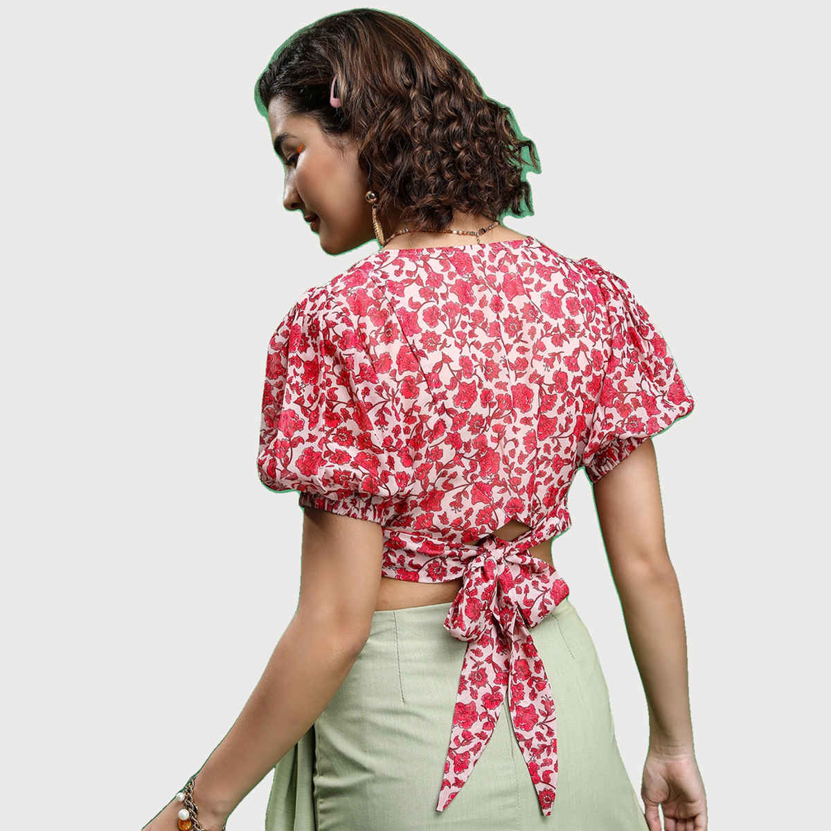 Ketch Women's Floral Printed Puff Sleeve Crop Top | Multicolor - S