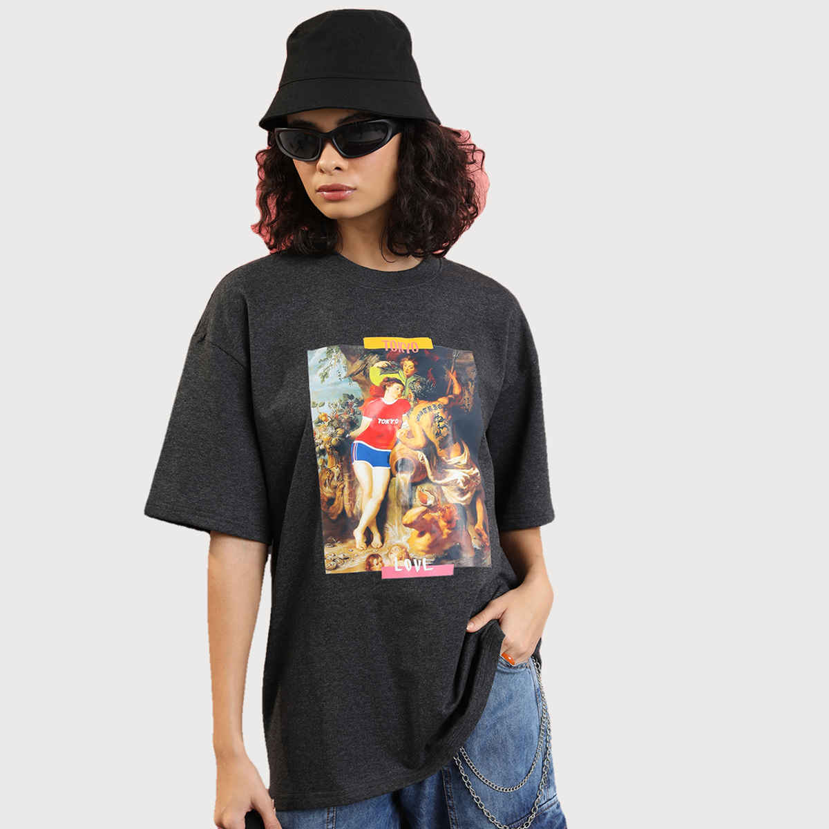 Tokyo Talkies Women's Graphic Printed Oversized T-Shirt | Charcoal - XL