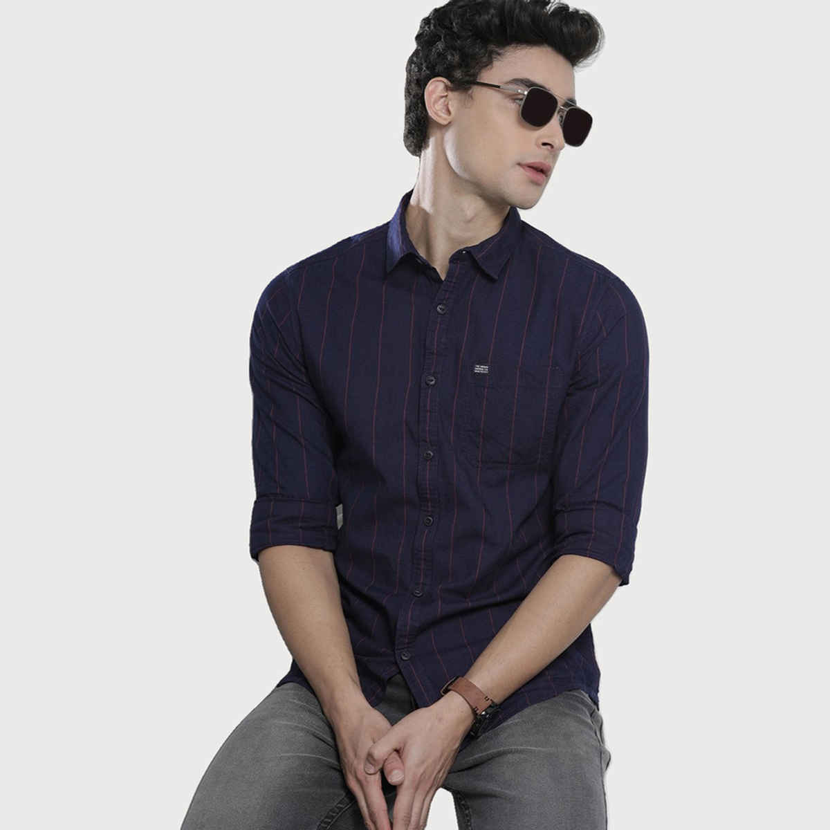 The Indian Garage Co Men's Slim Fit Checkered Casual Shirt | Navy Blue - L