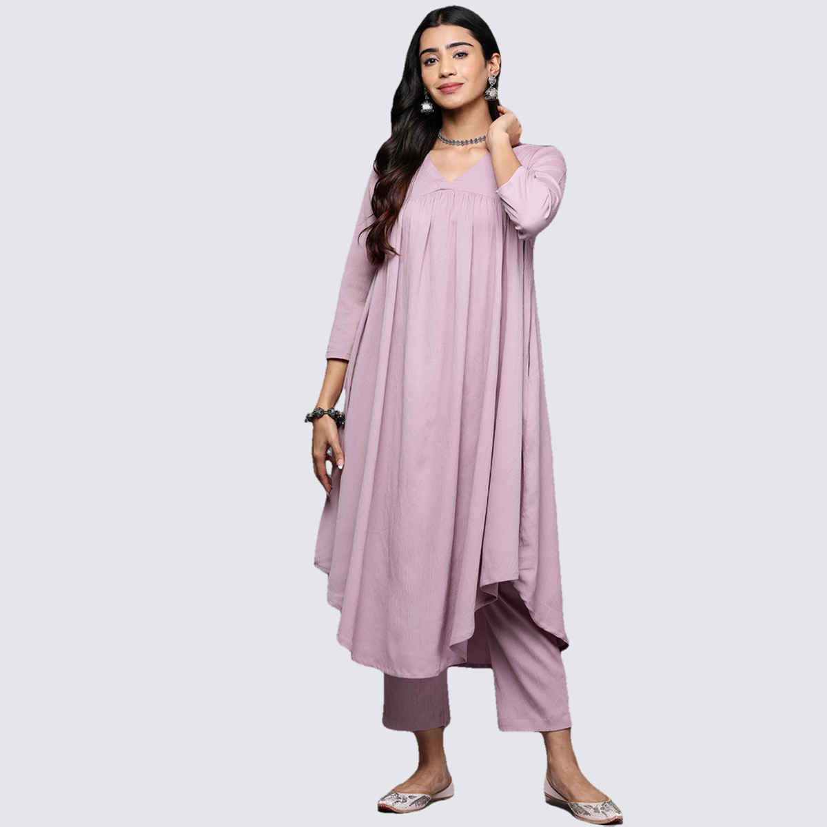 Varanga Women's Empire Gathered Details A-Line Kurta Paired with Tonal Bottom | Pink - S