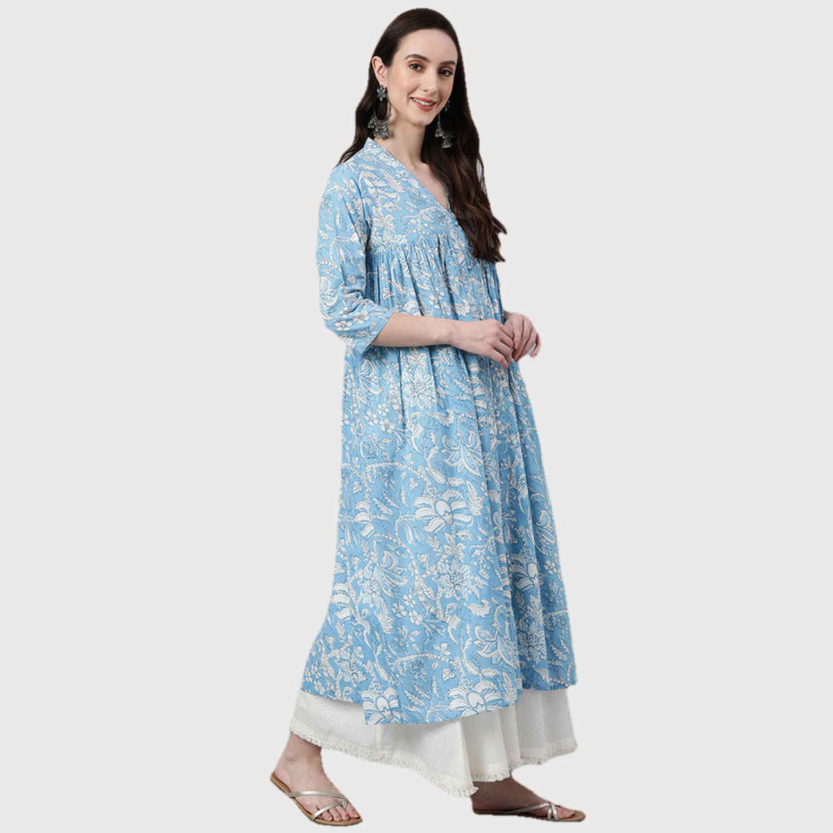 Janasya Women's Sky Blue Pure Cotton Floral Printed Flared Kurta | L