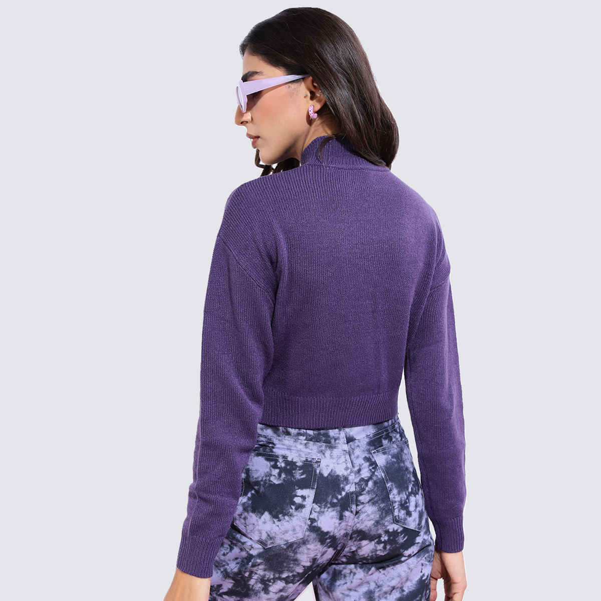 Tokyo Talkies Women's Turtle Neck Ribbed Pullover | Purple - M