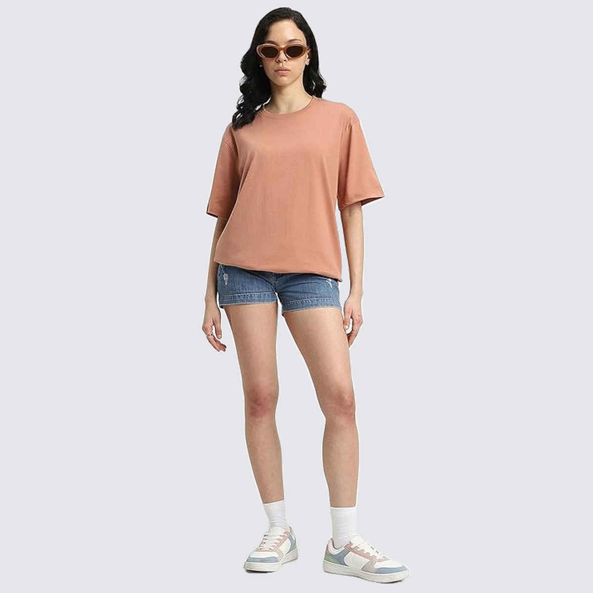 Juneberry Cork Oversized Fit Round Neck T-shirt for Women - XL