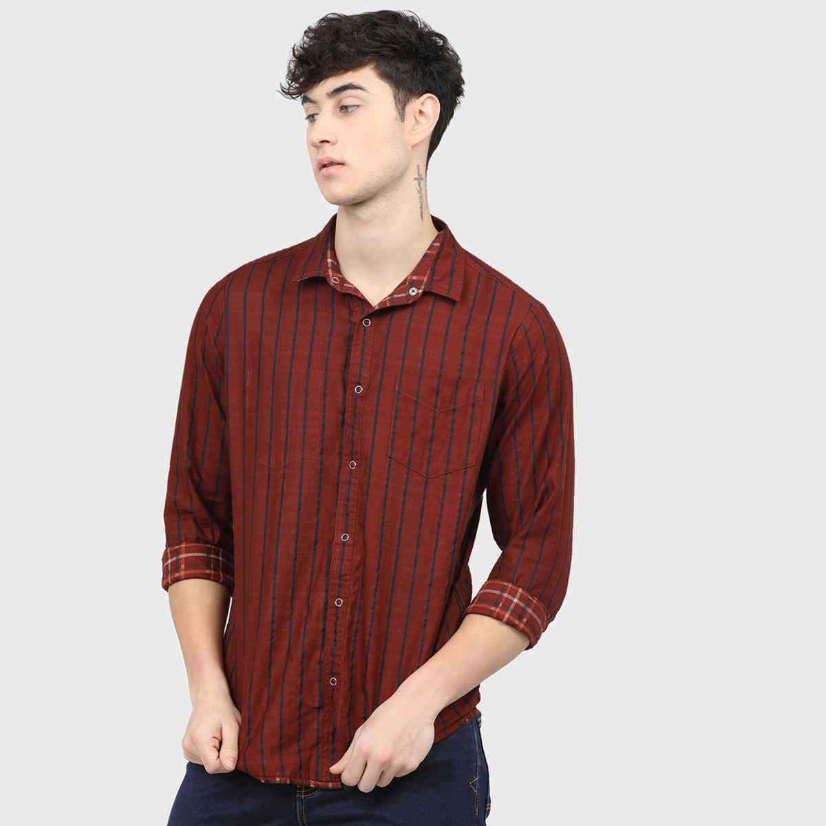 HIGHLANDER Men's Slim Fit Tartan Checked Reversible Casual Shirt | Rust & Navy Blue - S