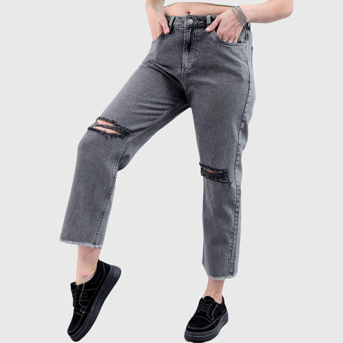 Freehand Women's High Rise Raw Edge Straight Fit Ankle Length Distressed Jeans | Grey - 28