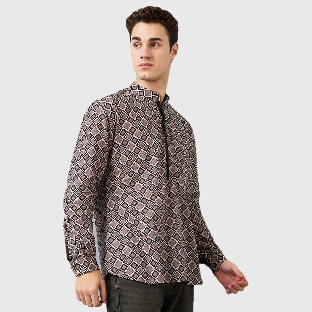 Ethnix by Raymond Men's Fit Pure Cotton Full Sleeve Folded Collar Short Kurta | Dark Grey - XL