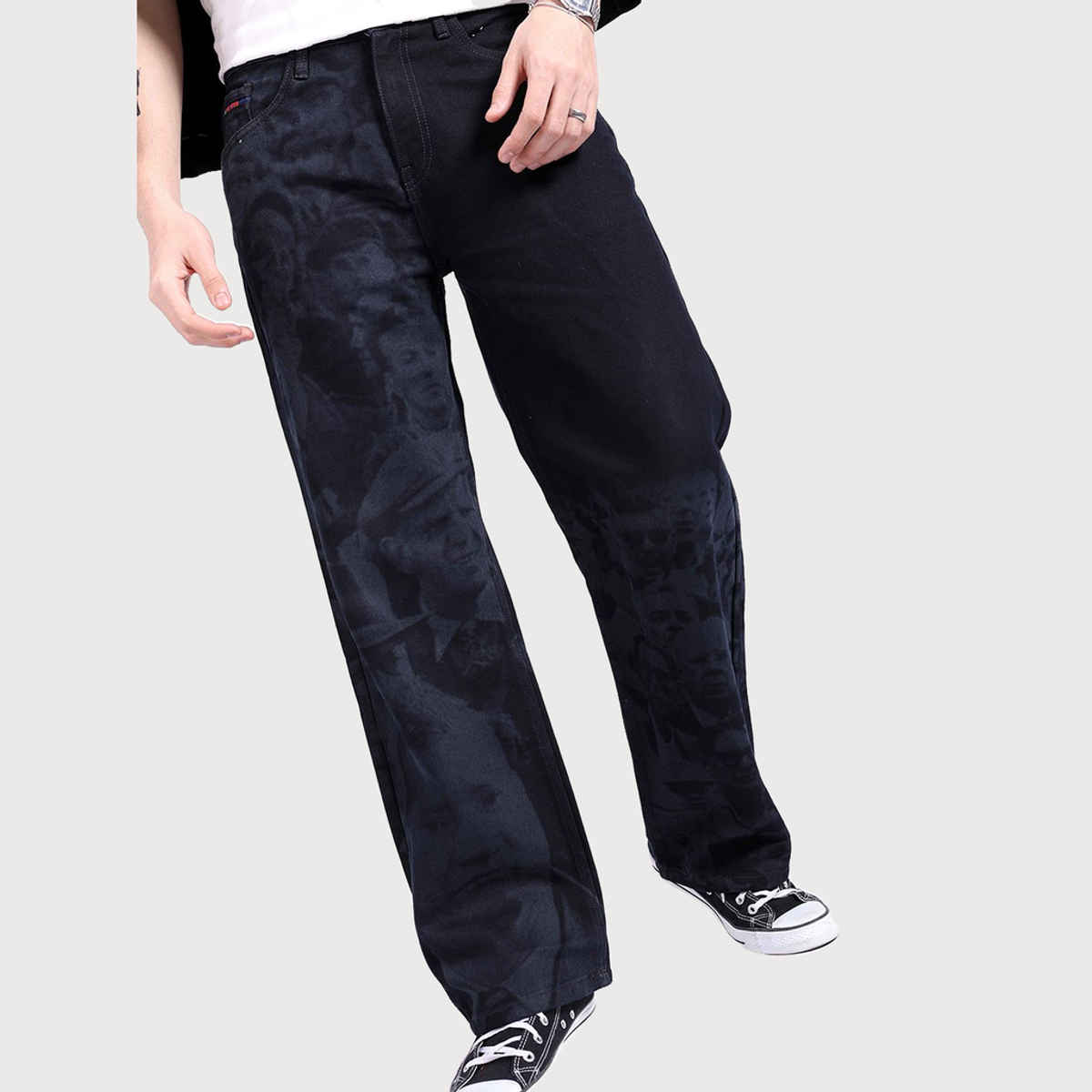 The Indian Garage Co Men's Baggy Fit Photo Print Casual Jeans | Dark Blue | 30