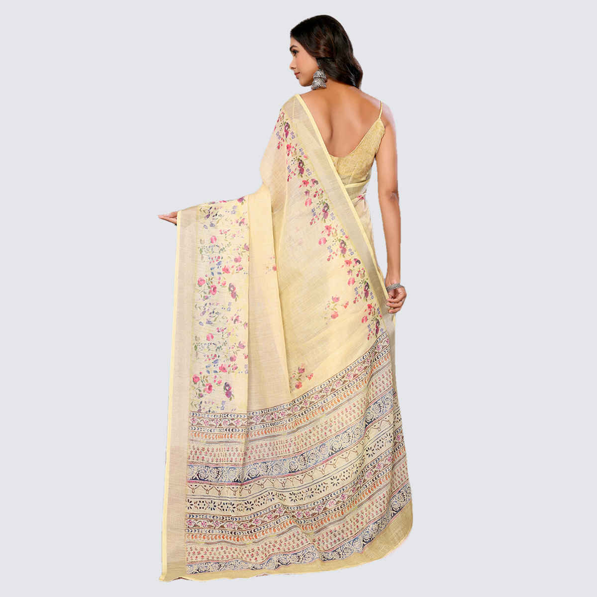 Janasya Women's Cotton Linen Floral Printed Saree with Blouse Piece | SAR449 | Light Yellow