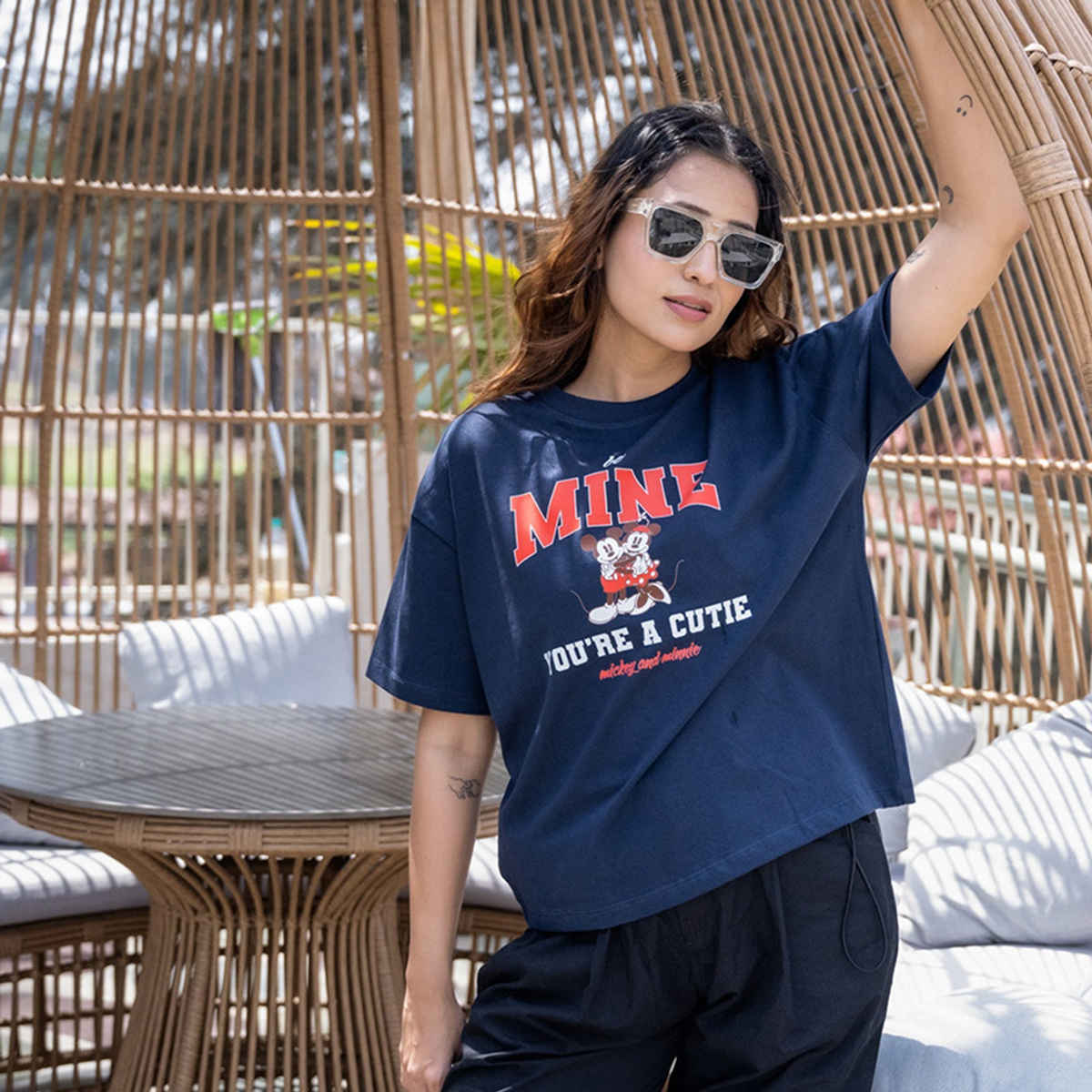 Bonorganik Women's Mini Oversize Front Print T-Shirt | Bon12122 | Navy | XL