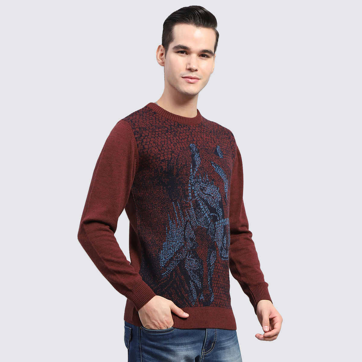 Monte Carlo Mens Wine Self Design Round Neck Full Sleeve Pullover |1243242Rn-2-44 |XXL