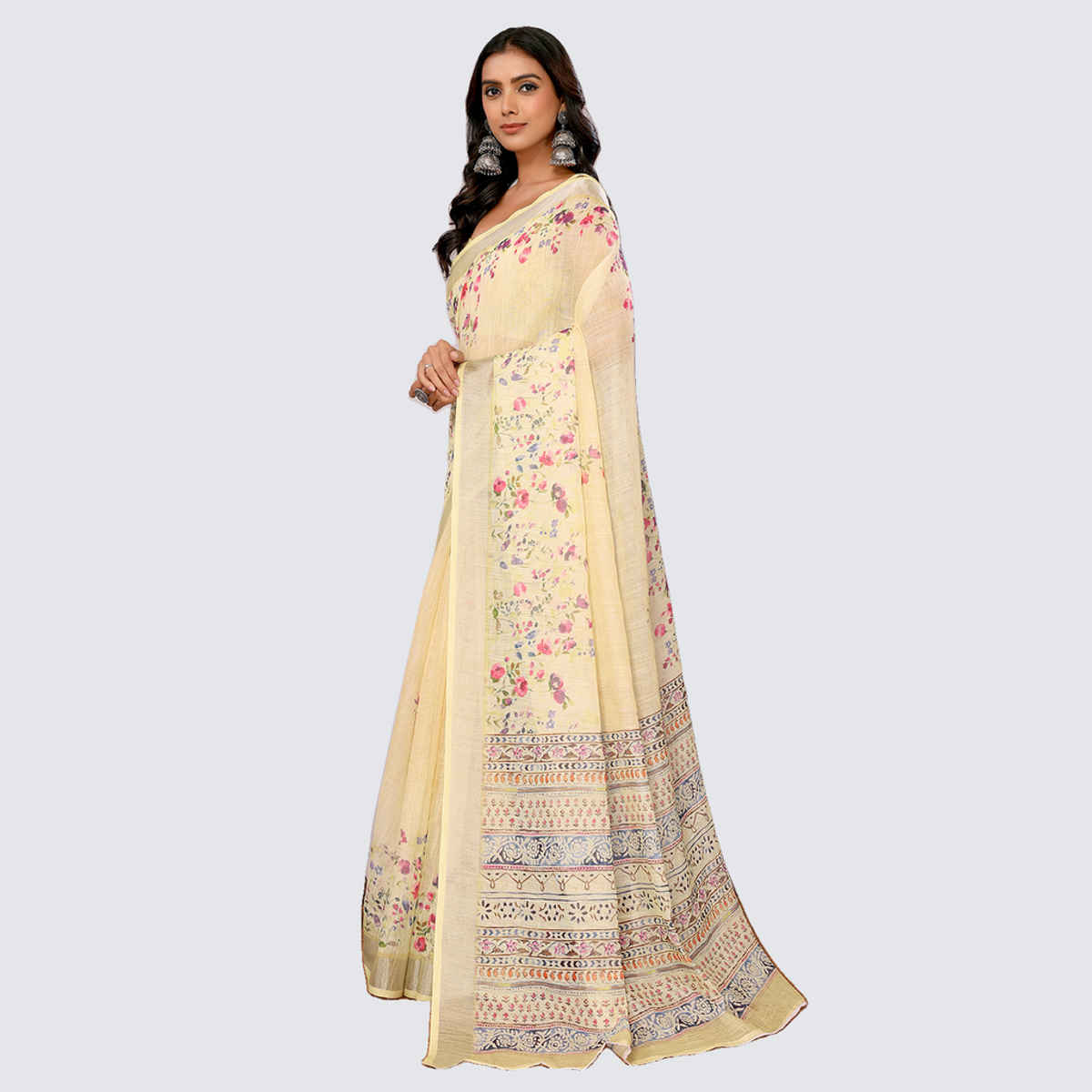 Janasya Women's Cotton Linen Floral Printed Saree with Blouse Piece | SAR449 | Light Yellow