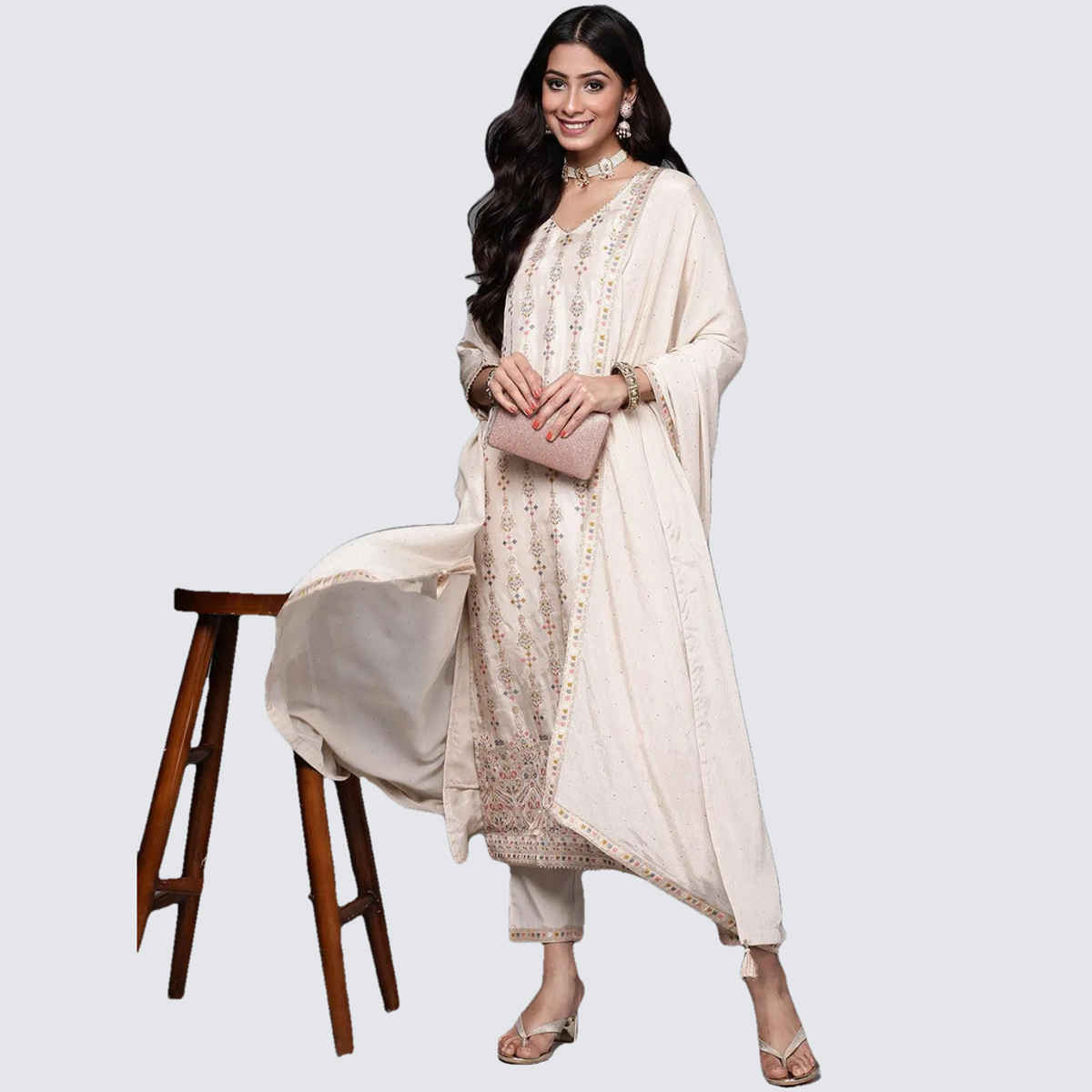 Libas Women Beige Kurta And Beige Solid Trouser With Beige Chiffon Embellished Dupatta - 33338OXL
