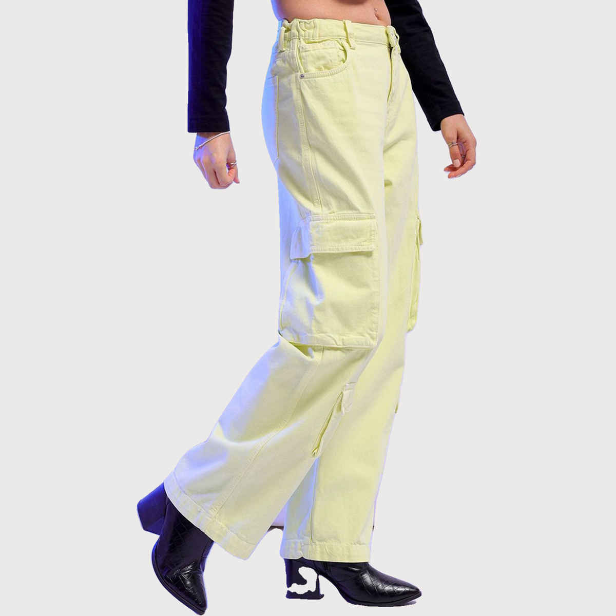 Freehand Women's High Rise Multi Pocket Cargo Denim | Green - 30