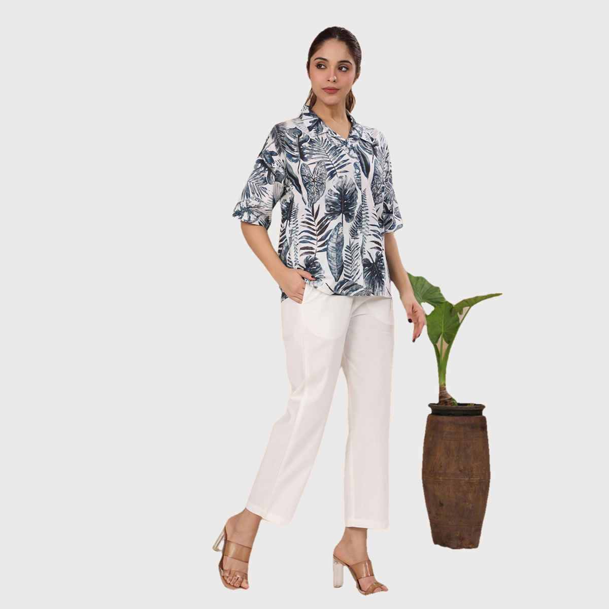 Sanskrutihomes Floral Printed Pure Cotton Night Suit | Blue - White | M