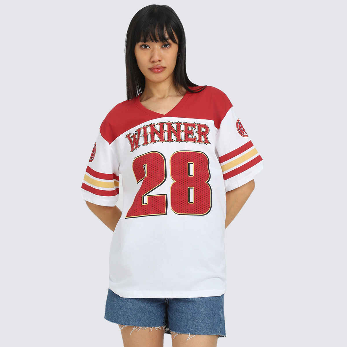 JUNEBERRY Women's Winner Graphic Printed Oversized T Shirt | OS WINNER 786 RD M | White - M