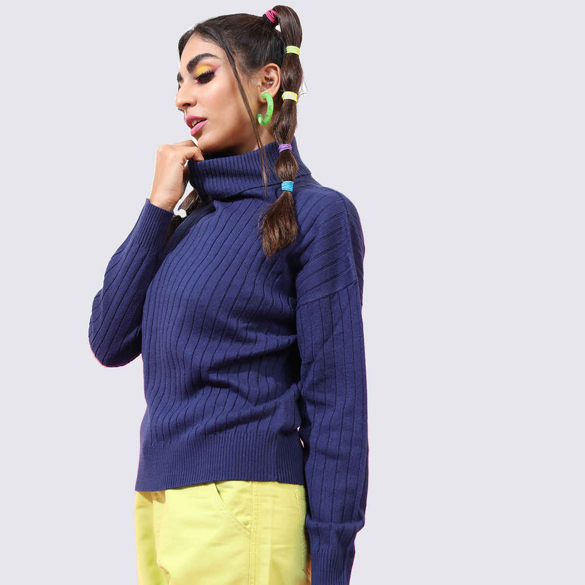 Tokyo Talkies Women's Self Design High Neck Sweater | Dark Blue - M