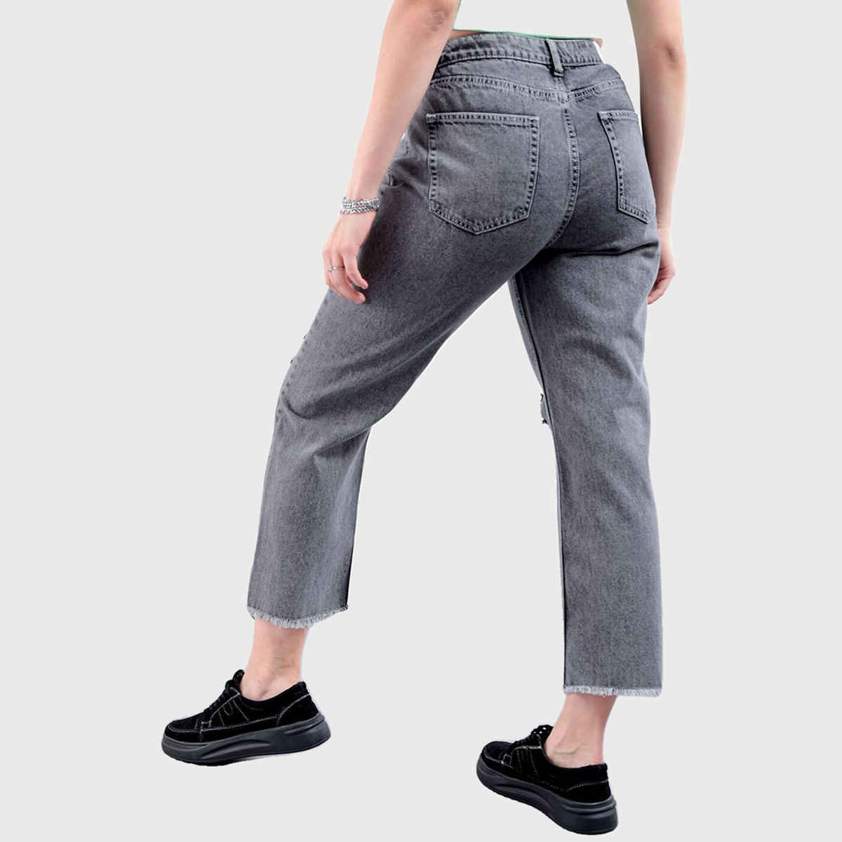 Freehand Women's High Rise Raw Edge Straight Fit Ankle Length Distressed Jeans | Grey - 28