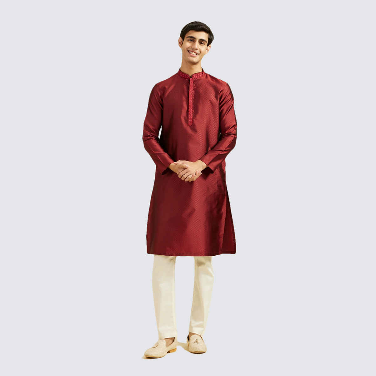 Diwas By Manyavar Men's Lattice Patterned Kurta with Embroidered Neckline | Maroon - 2XL