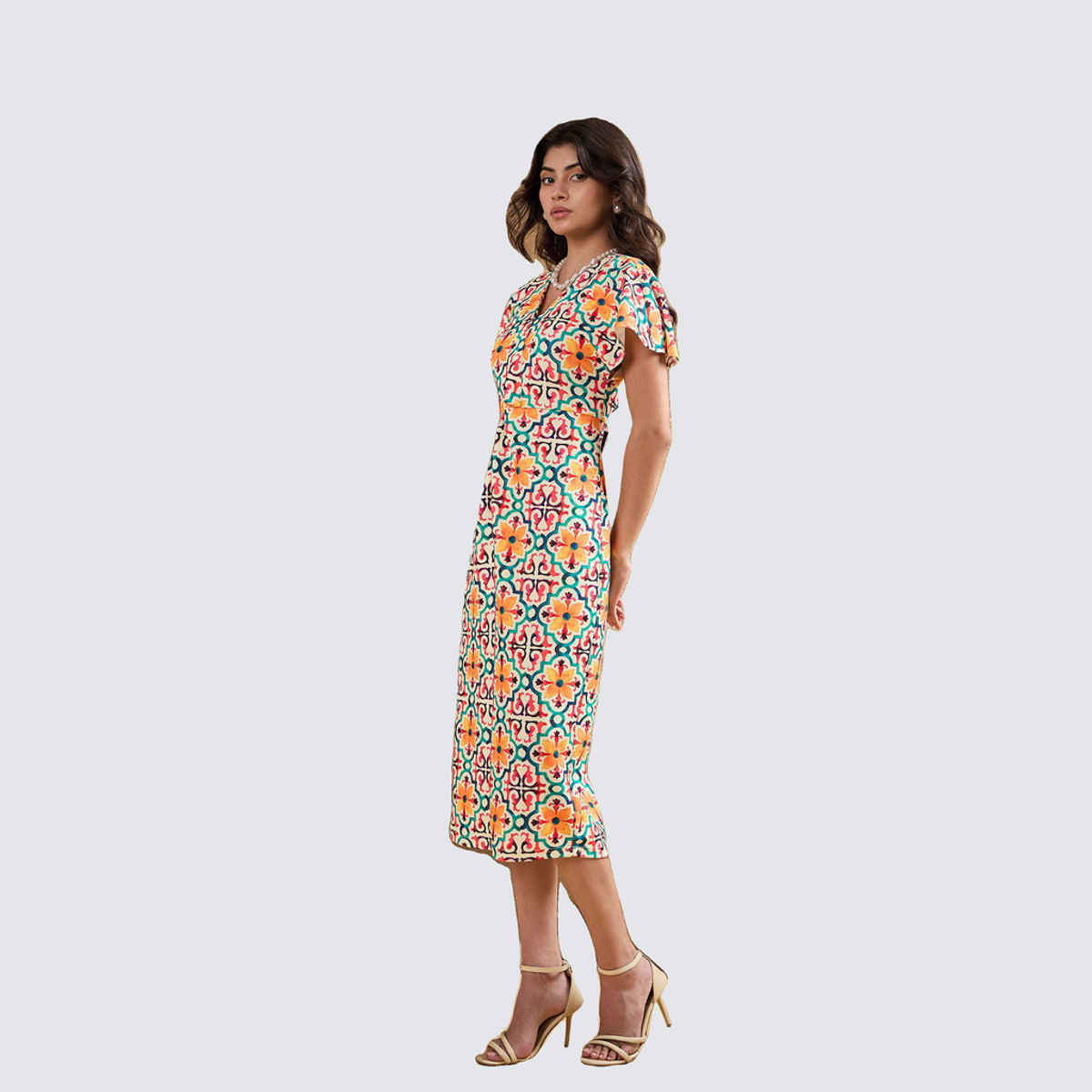 SASSAFRAS Women's Yellow Printed V-Neck Bodycon Dress | Yellow - XL