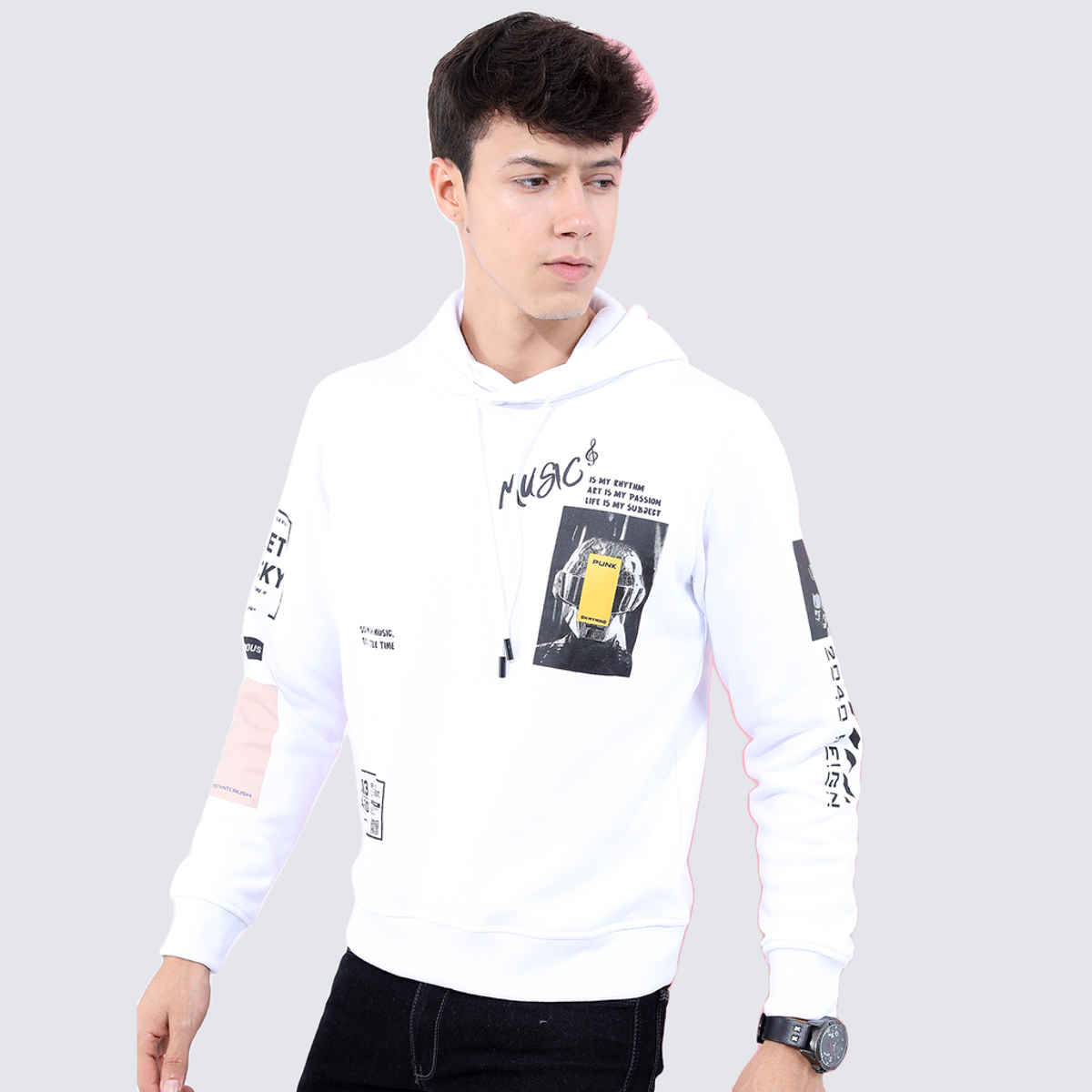 HIGHLANDER Men's Printed Hooded Sweatshirt | White - S