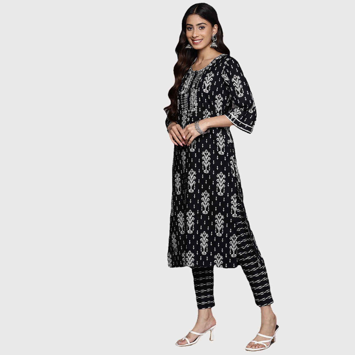 Libas Women Black Mirror Work Detail Straight Kurta With Black Trousers & Dupatta - 34164S