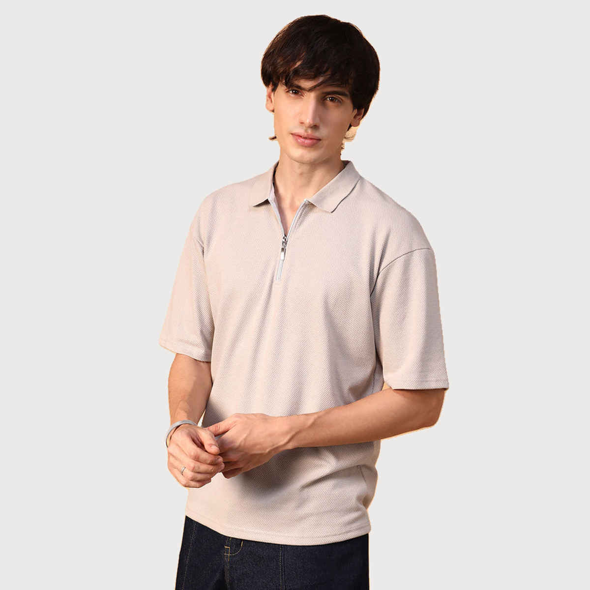 Campus Sutra Men's Solid Oversized Polo T-shirt | Beige - XL