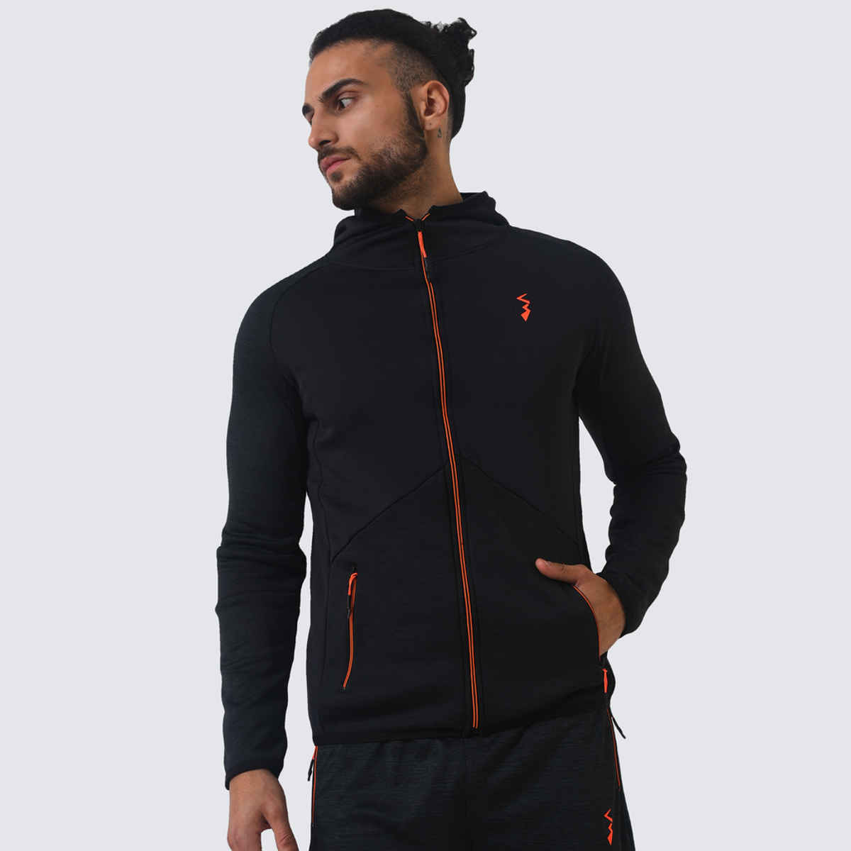 Campus Sutra Men's Zip - Front Activewear Hoodie With Reflective Detail | Black - M