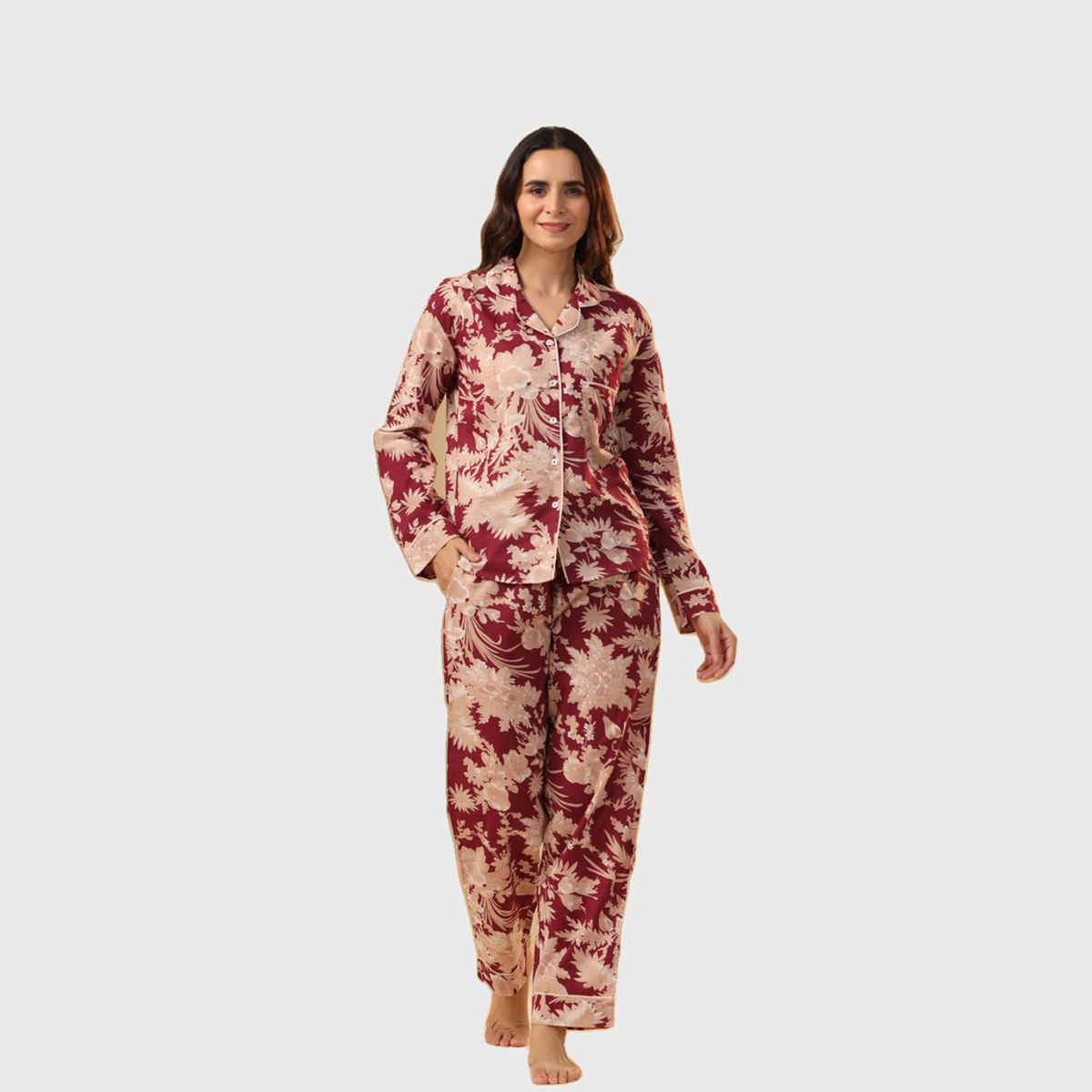 Sanskrutihomes Maroon & Beige Floral Printed Pure Cotton Night Suit | Maroon - M