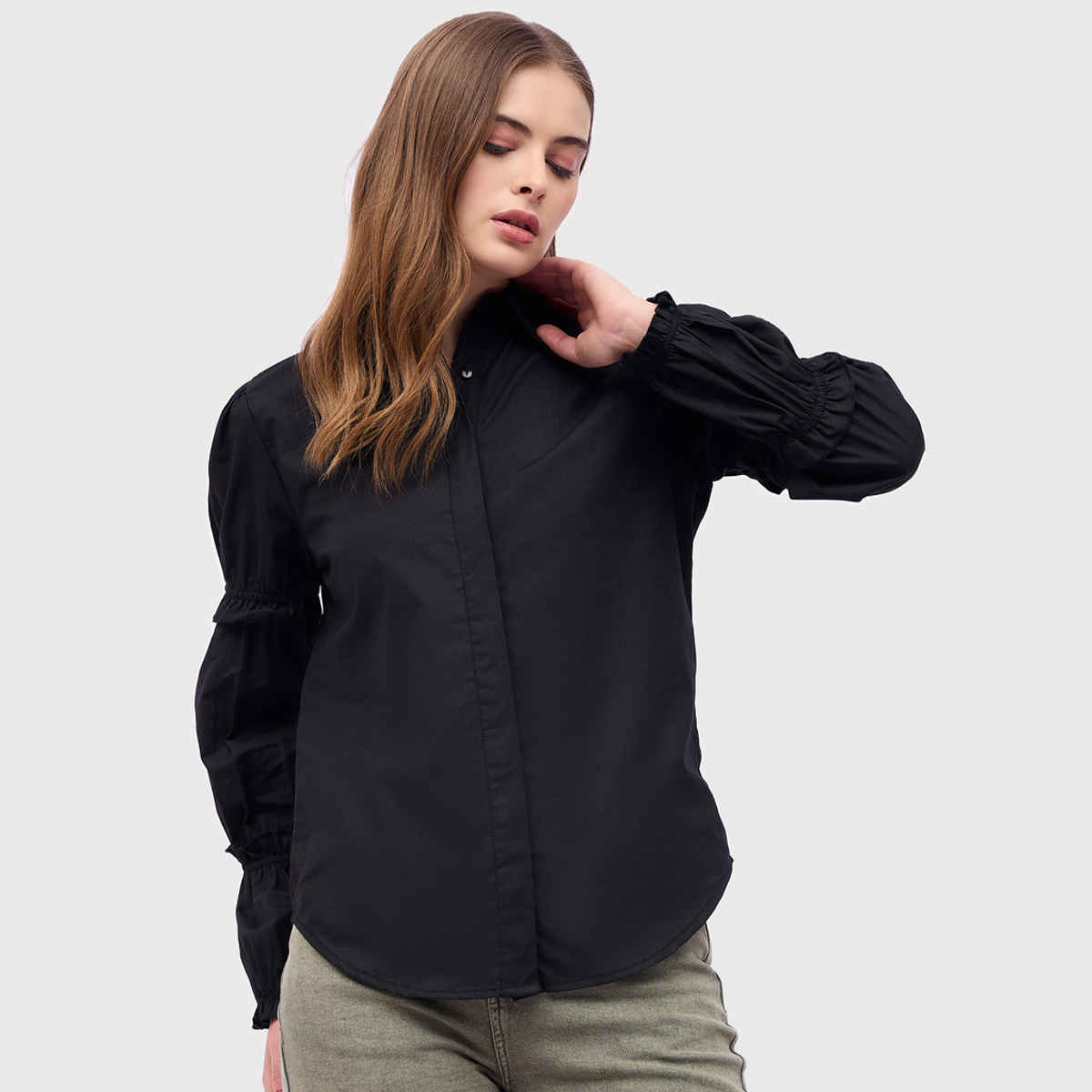 Styli Women's Casual Wear Solid Spread Collar Long Sleeves Regular Fit Shirts | Black - S