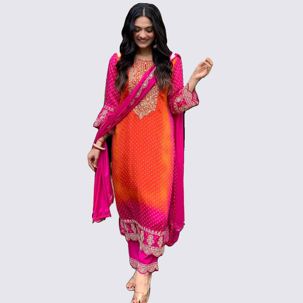 GoSriKi Women's Rayon Blend Straight Embroidered Kurta with Pant & Dupatta | LASIVAN | Pink - M