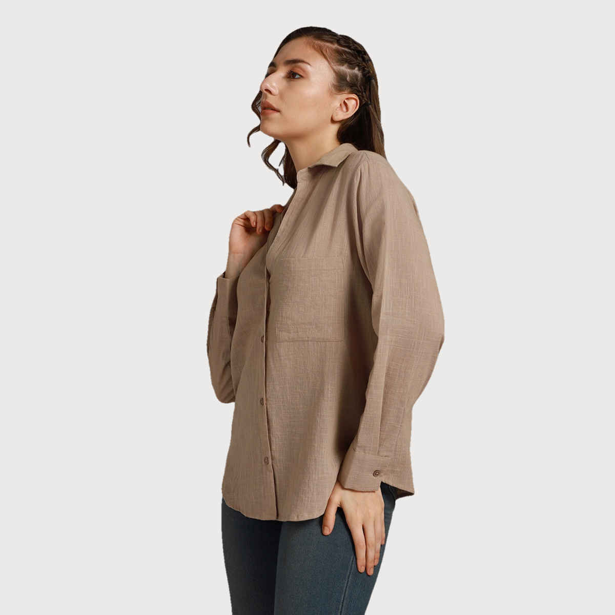 High Star Women Sand Classic Spread Collar Long Sleeves Cotton Casual Shirt (Size-XL)