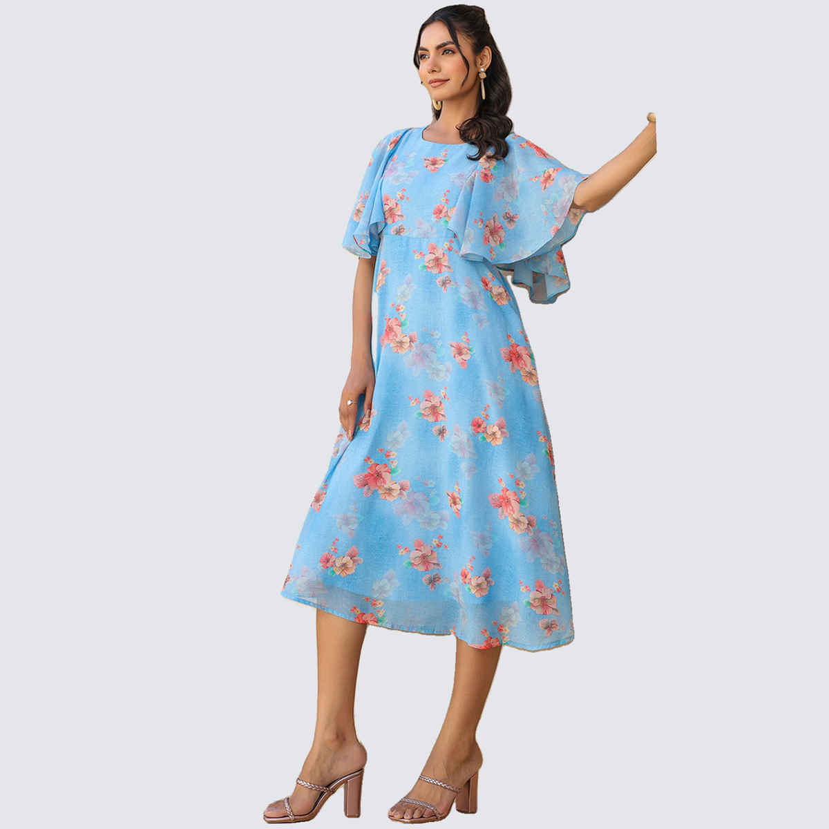 Janasya Women's Georgette Floral Printed A-line Dress | Blue - XS