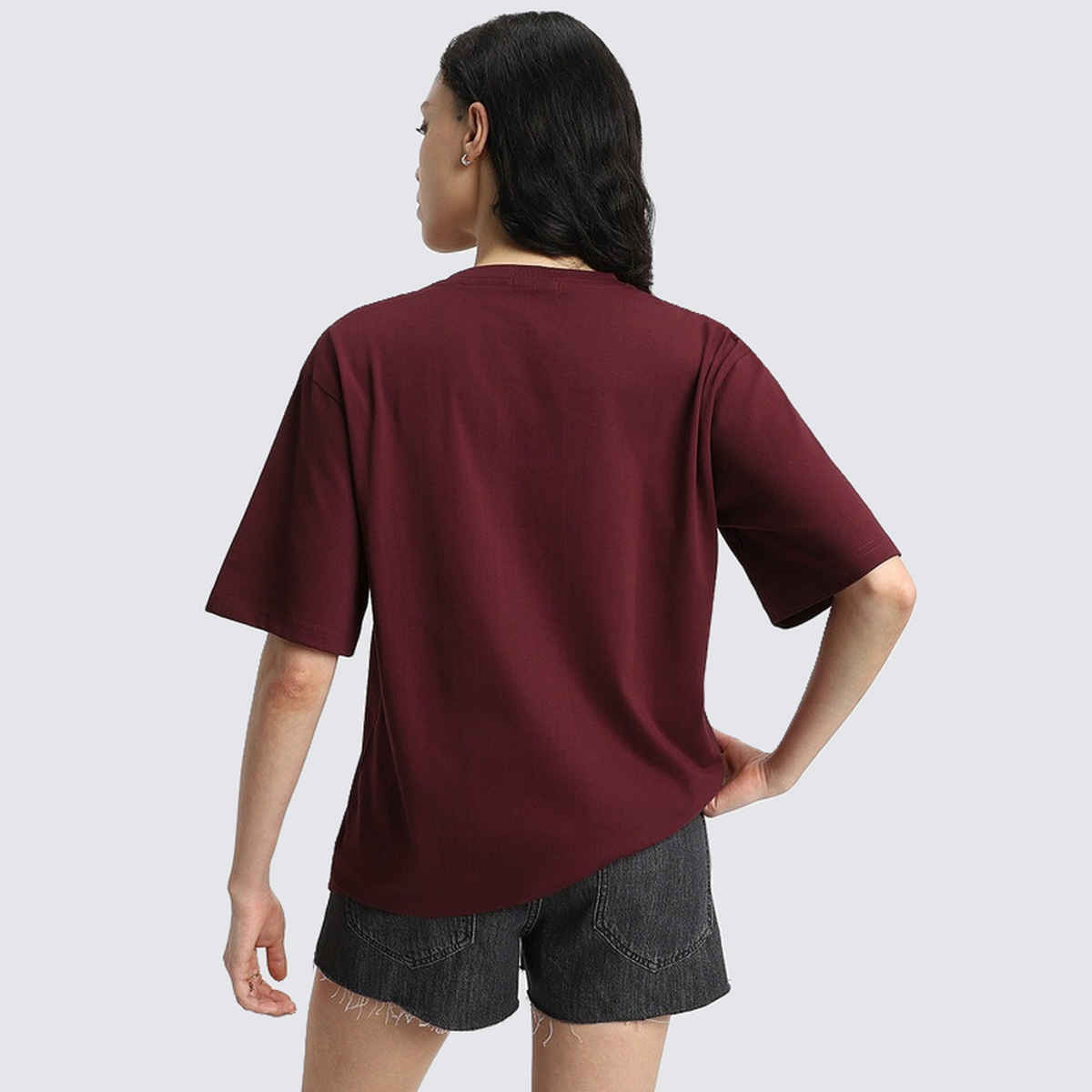 Juneberry Maroon Oversized Fit Round Neck T-shirt for Women - M