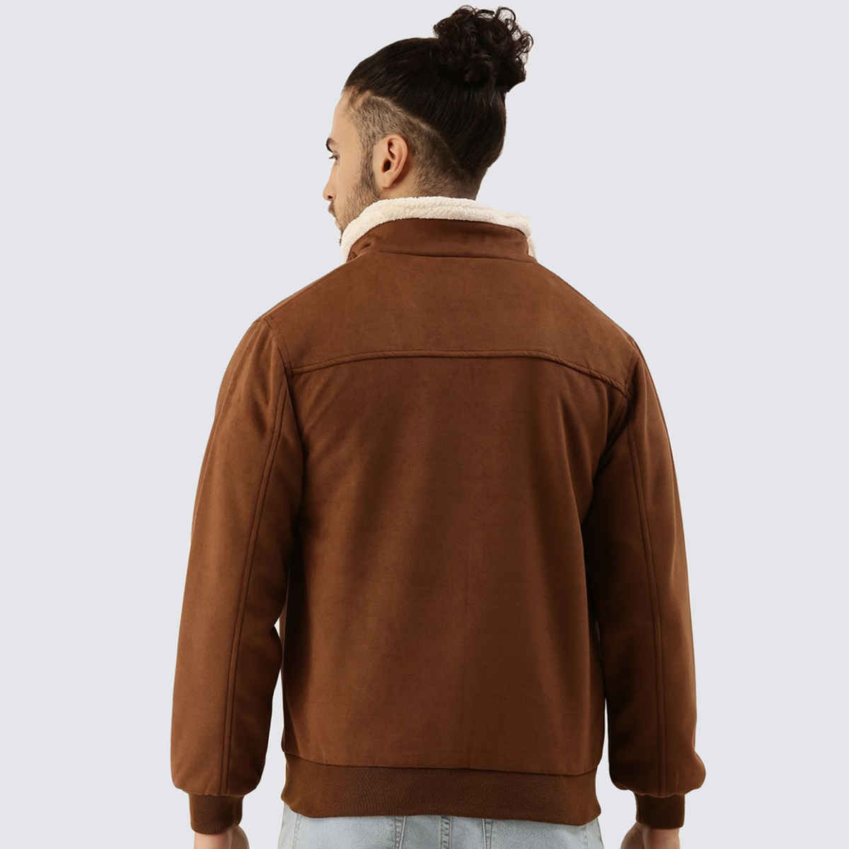 Campus Sutra Men's Zip - Front Jacket With Fleece Detail | Brown - S