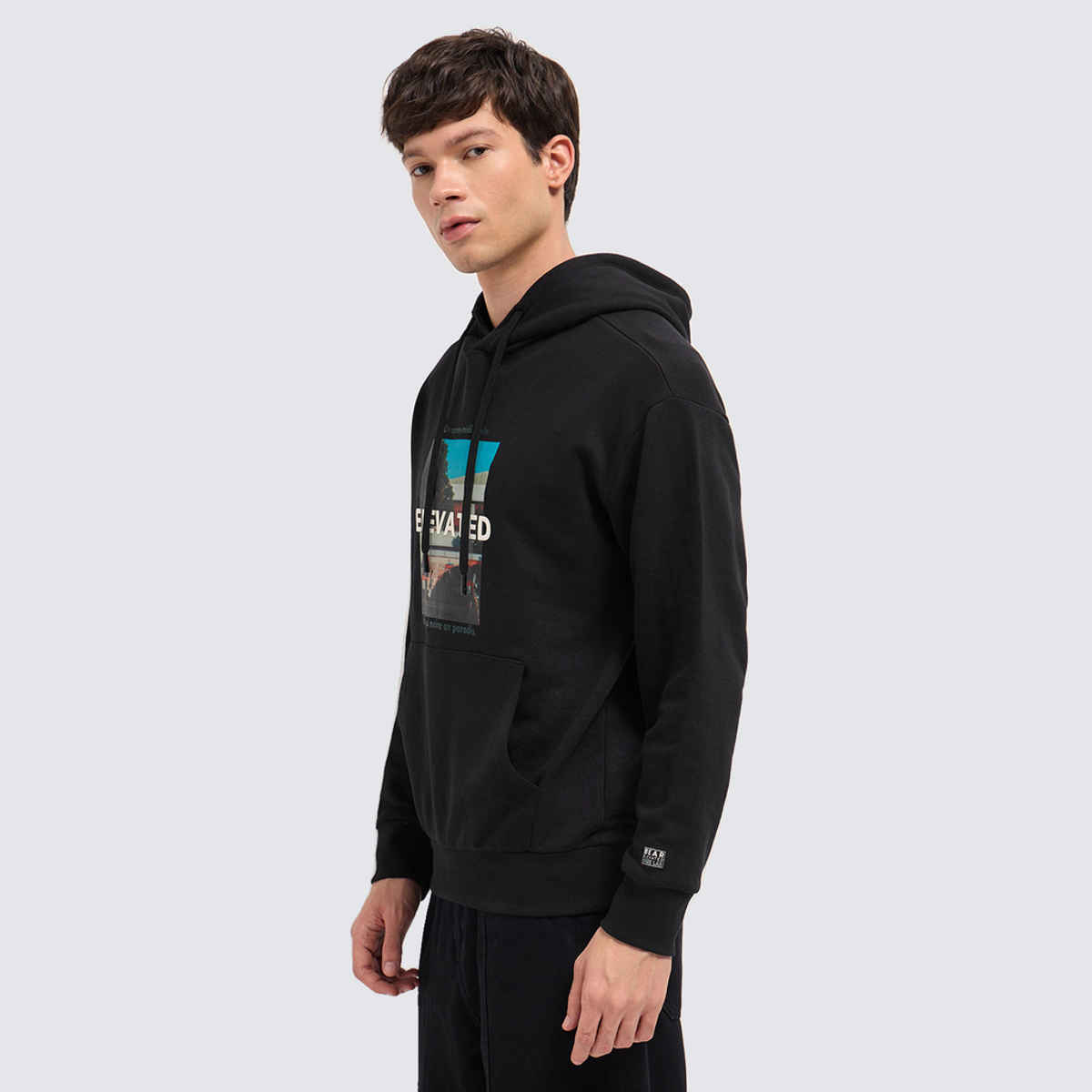 The Bear House Men's Relaxed Fit Hoodie with Scenic Graphic and ELEVATED Text | Black - L