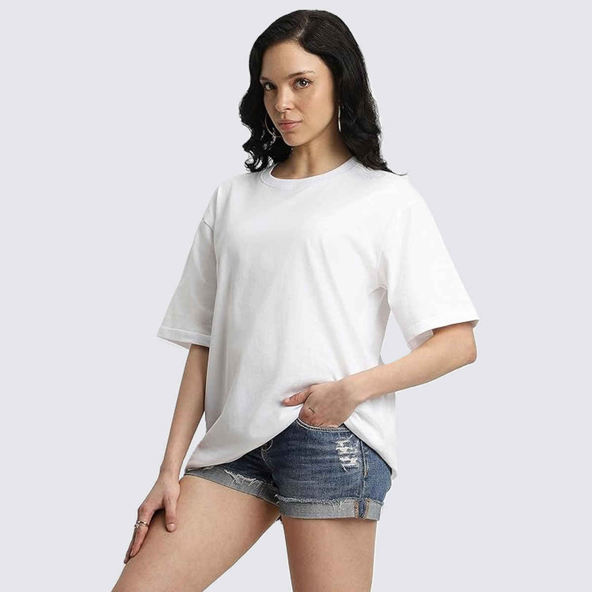Juneberry White Oversized Fit Round Neck T-shirt for Women - XL