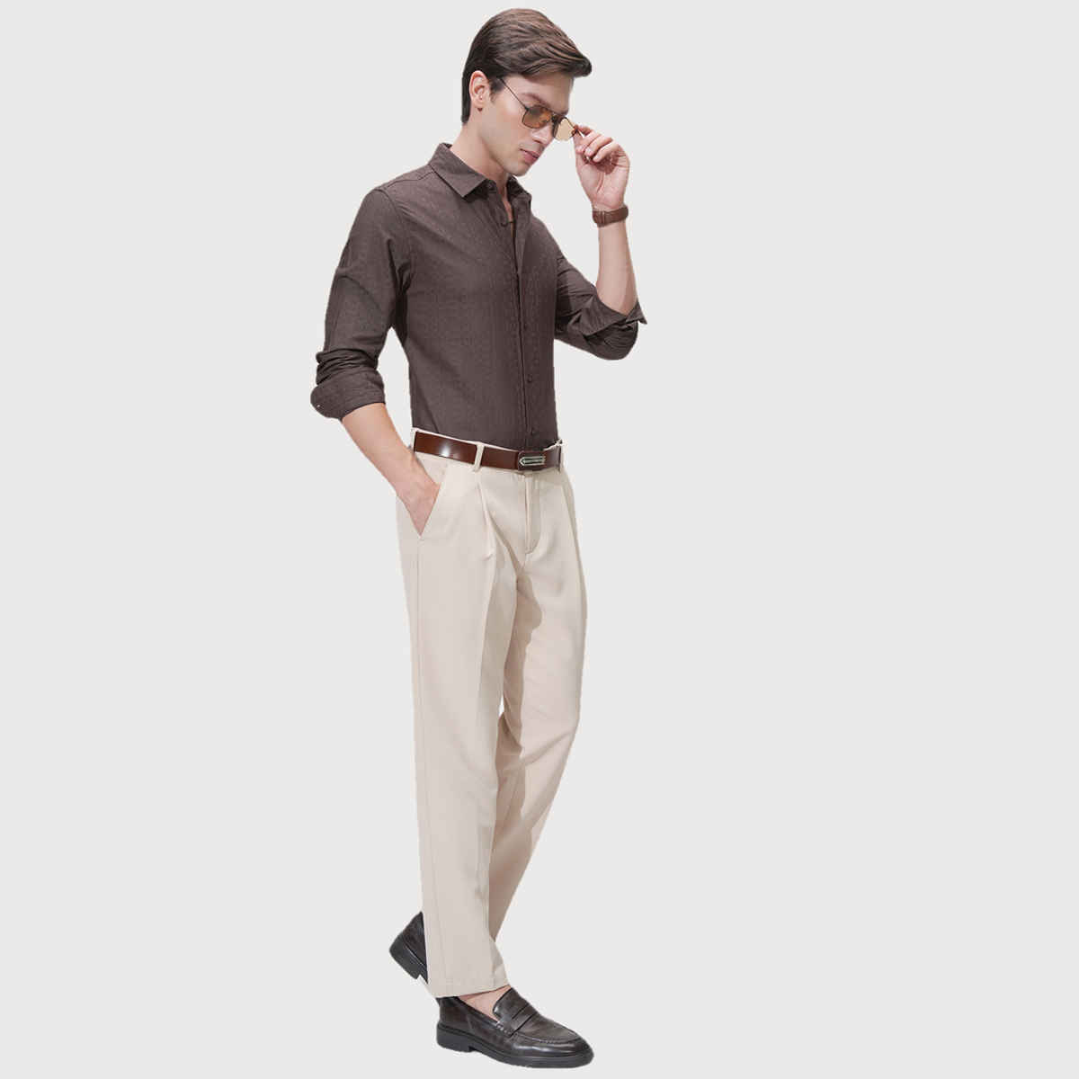 HIGHLANDER Men's Comfort Slim Fit Opaque Party Shirt | Brown - L
