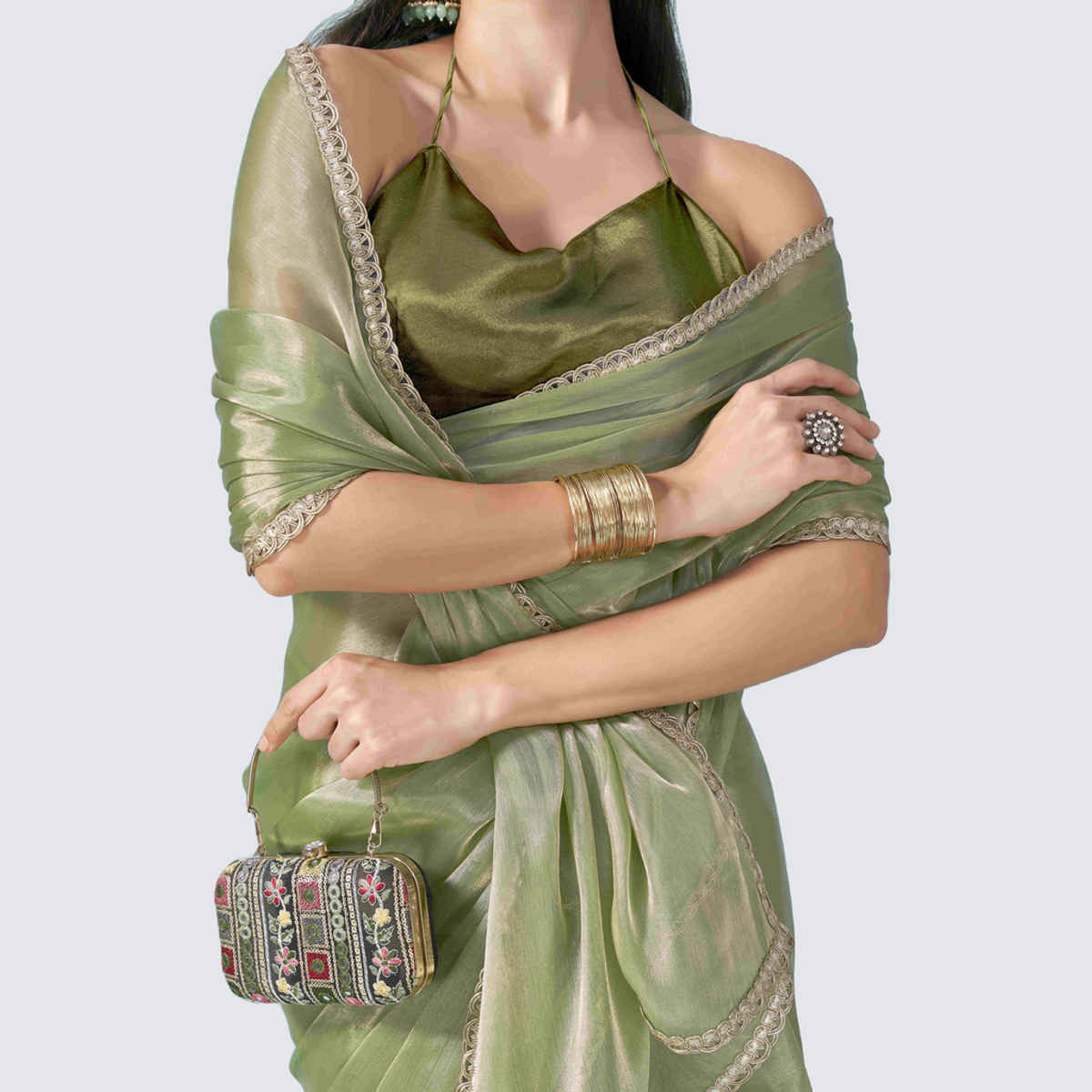 Tikhi Imli Women's Shimmer Satin Lace Saree With Unstitched Blouse | Green