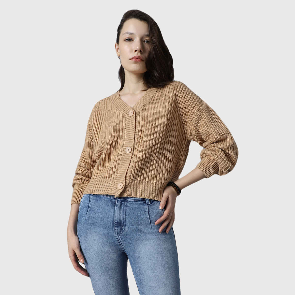 High Star Women's Ribbed V-Neck Long Sleeves Acrylic Cardigan | Sand - XL
