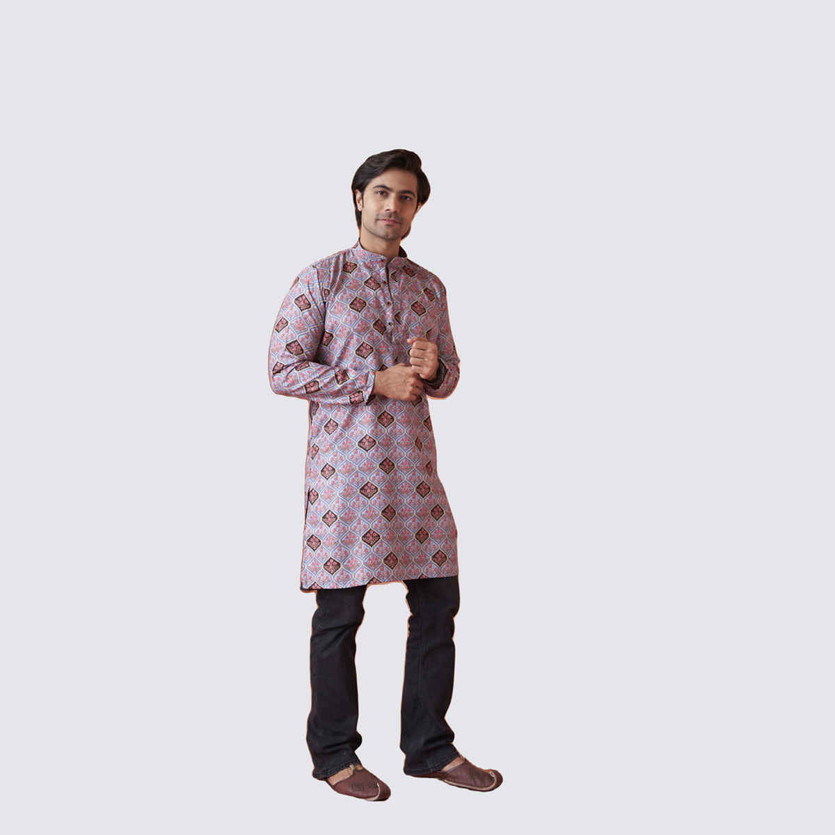 House Of Festivals Men's Printed Cotton Blend Long Kurta | Light Blue - XL