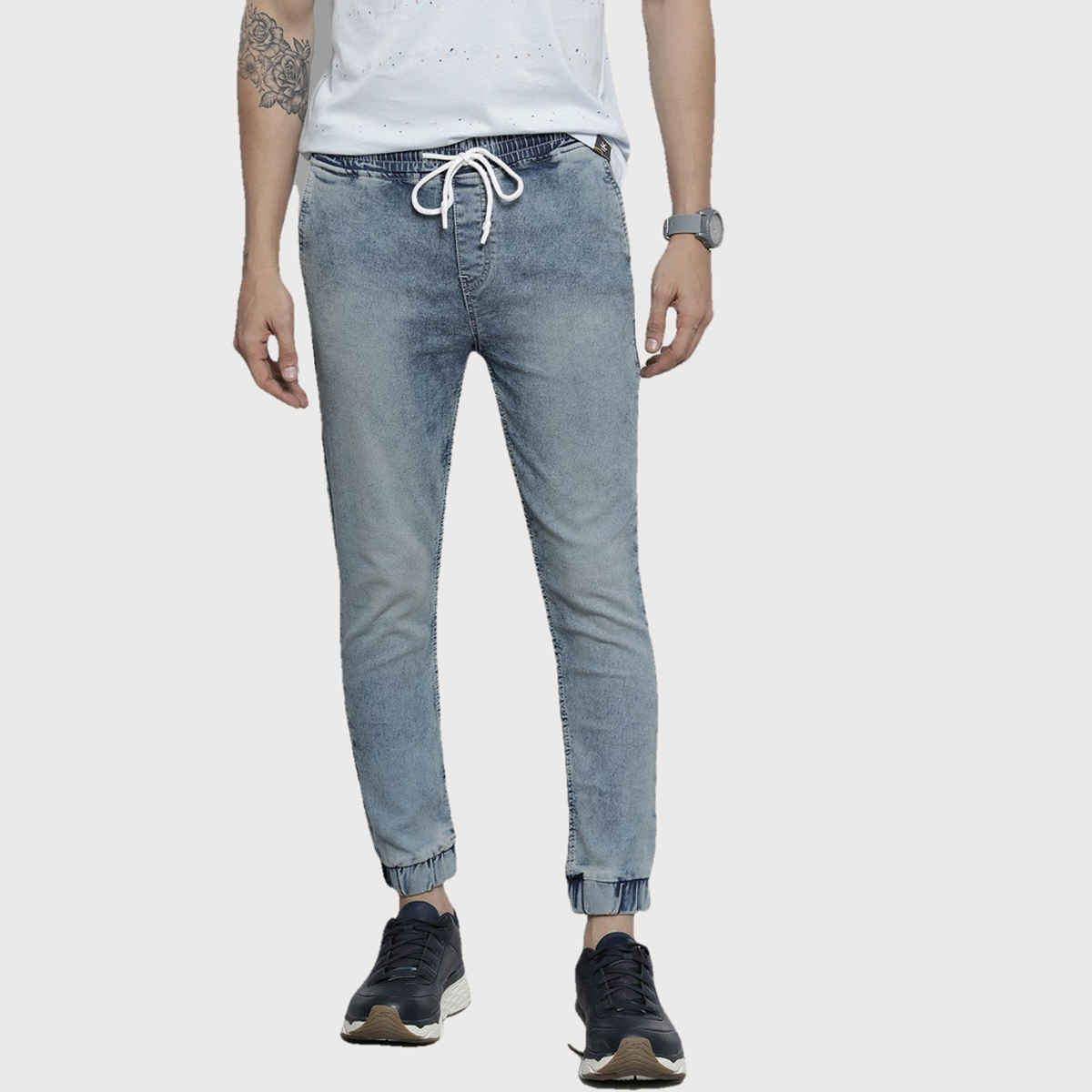 The Indian Garage Co Men's Slim Fit Solid Street Denim Jogger | Light Blue | 34