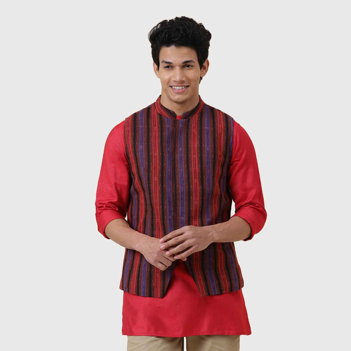 Fabindia Men's Nehru Jacket Printed Slim Fit | Red - XL