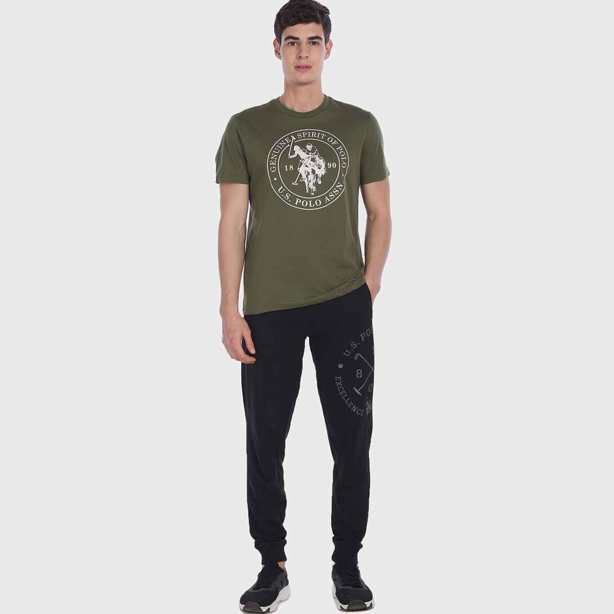 USPA Men's Printed Lounge Round Neck T Shirt - Regular Fit - Olive - L