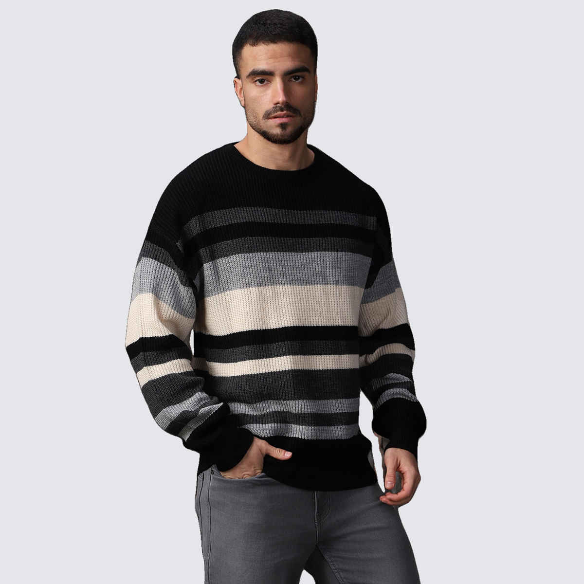 High Star Men's Striped Round Neck Pullover | Multicolour - M