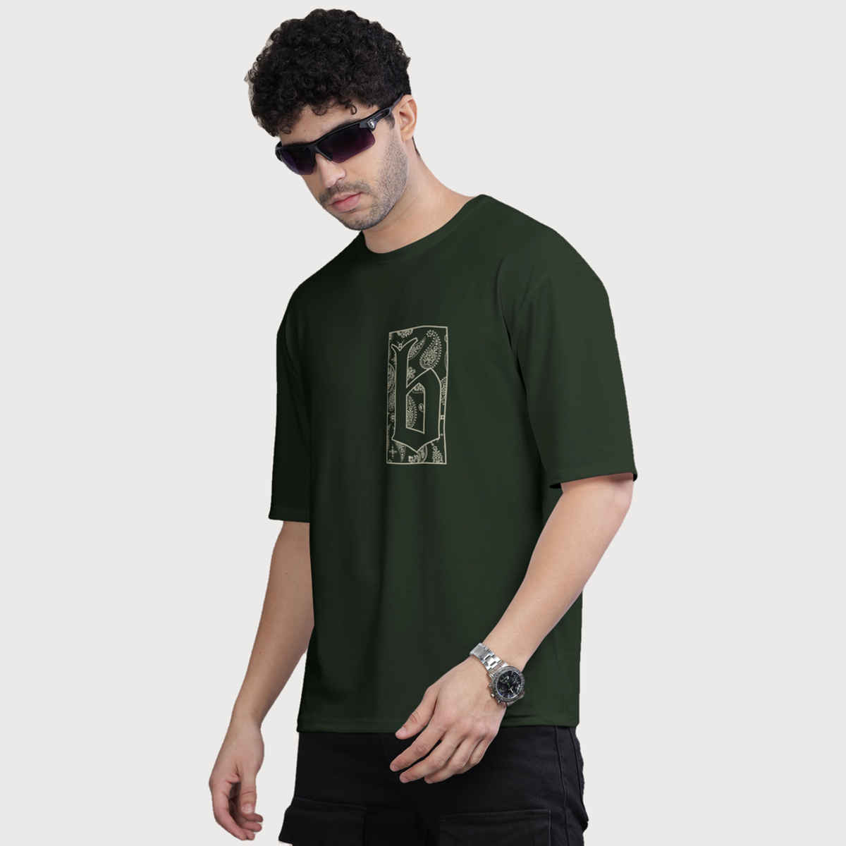 Bullmer Men's Oversized T-shirt Front and Back Printed | Olive | L