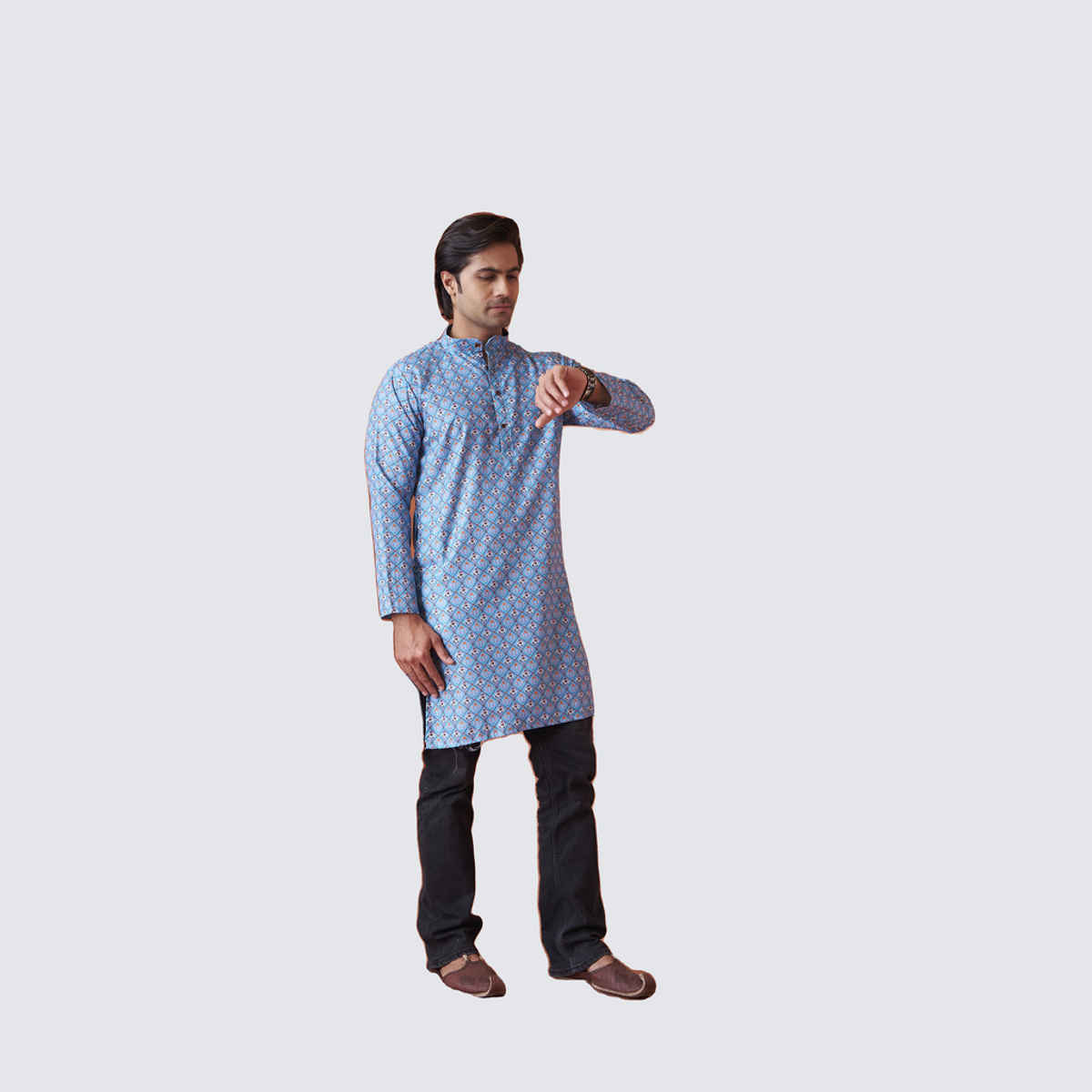 House Of Festivals Men's Printed Cotton Blend Long Kurta | Blue -S