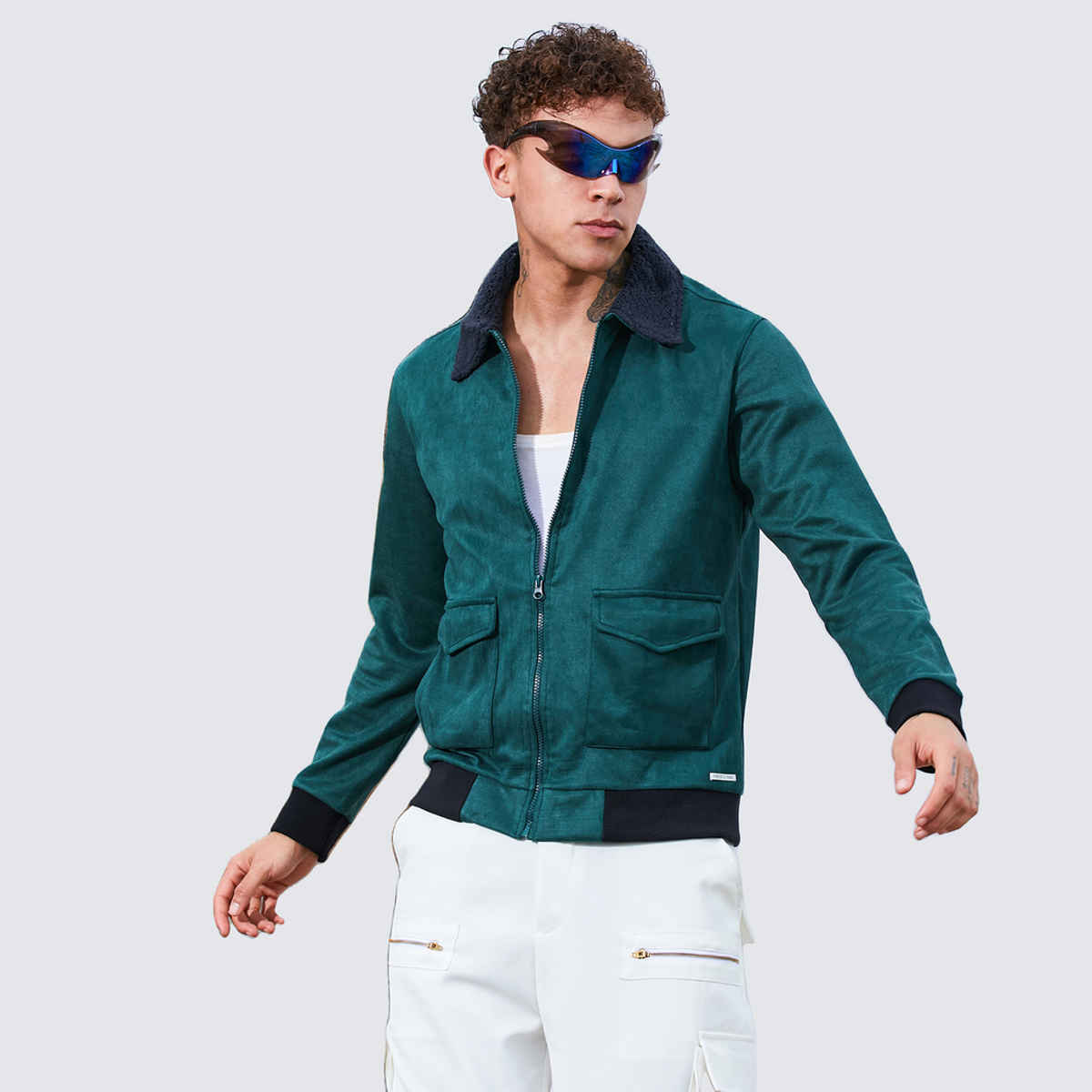 Campus Sutra Men's Zip-Front Jacket With Fleece Collar | Emerald Green - M